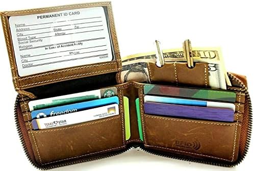Bifold паричникот за мажи патент околу Браун Кравја Кожа картичка случај прозорец ID RFID заштитени