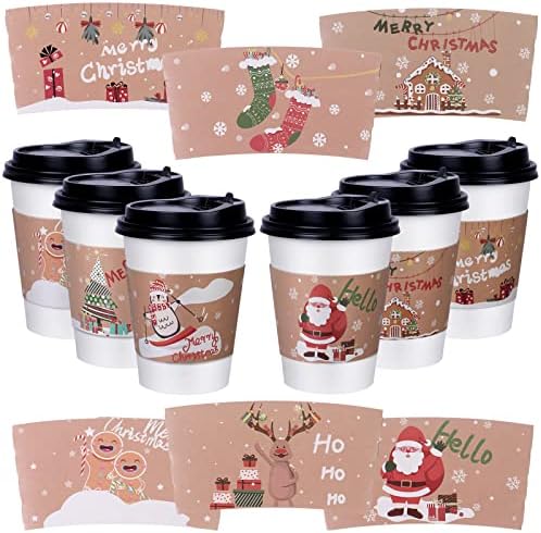 24 Пакет Божиќ Кафе Чај Купот на Ракавите за Еднократна употреба Kraft на Хартија Првенство Ракави 12 Дизајни за 12oz да 16oz Пијат