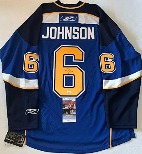 Ерик Џонсон го потпиша Сент Луис Блуз Reebok џерси autographed JSA - Autographed NHL Дресови