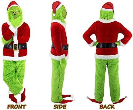 ALIZIWAY Grinc Костим Возрасни Мажи 7pcs Делукс Божиќ Дедо Костим Одговараат на Зелен Мраз Кожен Облека