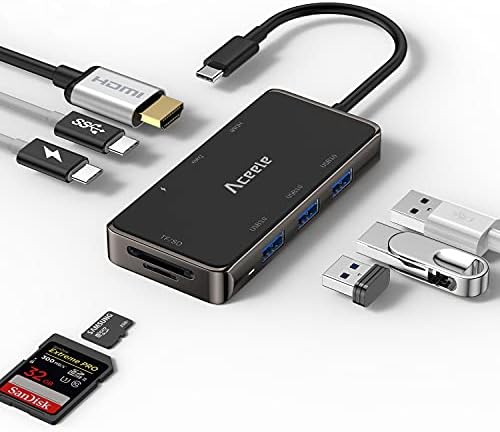 USB C Хаб, USB Хаб за HDMI Multiport Aceele 8 во 1 USB C Адаптер со 3 USB 3.0, USB C до 4K HDMI, SD/ТФ Картички Читателот, Двоен