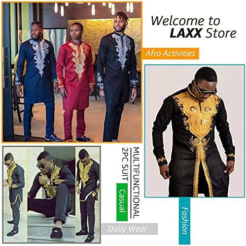 LAXX Мажите 2 Парче Африкански Dashiki Кошула, Традиционалните Племенски Шема Злато Печати Overshirt, Долг Ракав Врвот и Панталоните