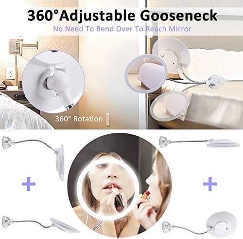 10X Зголемена Шминка Суета Огледало со Светла, 3 Боја на Осветлување, за 360 степени Вртливата Флексибилни Gooseneck LED Осветлен