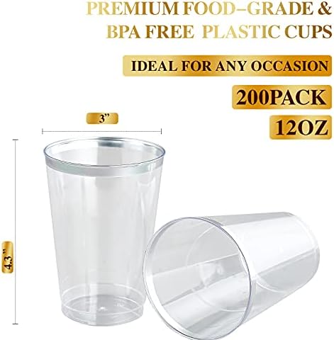 200 Пакет 12 оз Сребро Rimmed Пластични Чаши, FOCUSLINE Јасно Пластични Чаши Tumblers, Тешки-должност & Фенси Расположливиот Тешко